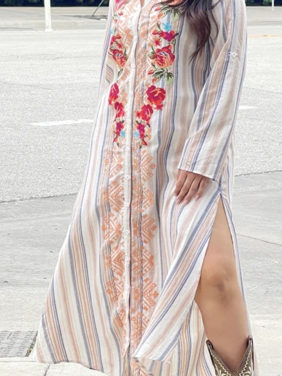 Dresses & Skirts - Embroidered Stripe Maxi Dress in Cream with Pink Floral Accents